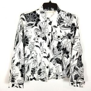 Chico's Women Palm Springs Floral Sateen Jacket Sz L Black White Casual Artsy